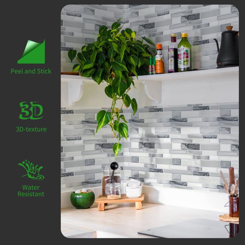 LONGKING Self-Adhesive Kitchen Backsplash, Marble Look Decorative Tiles (10 Tiles) - Image 2